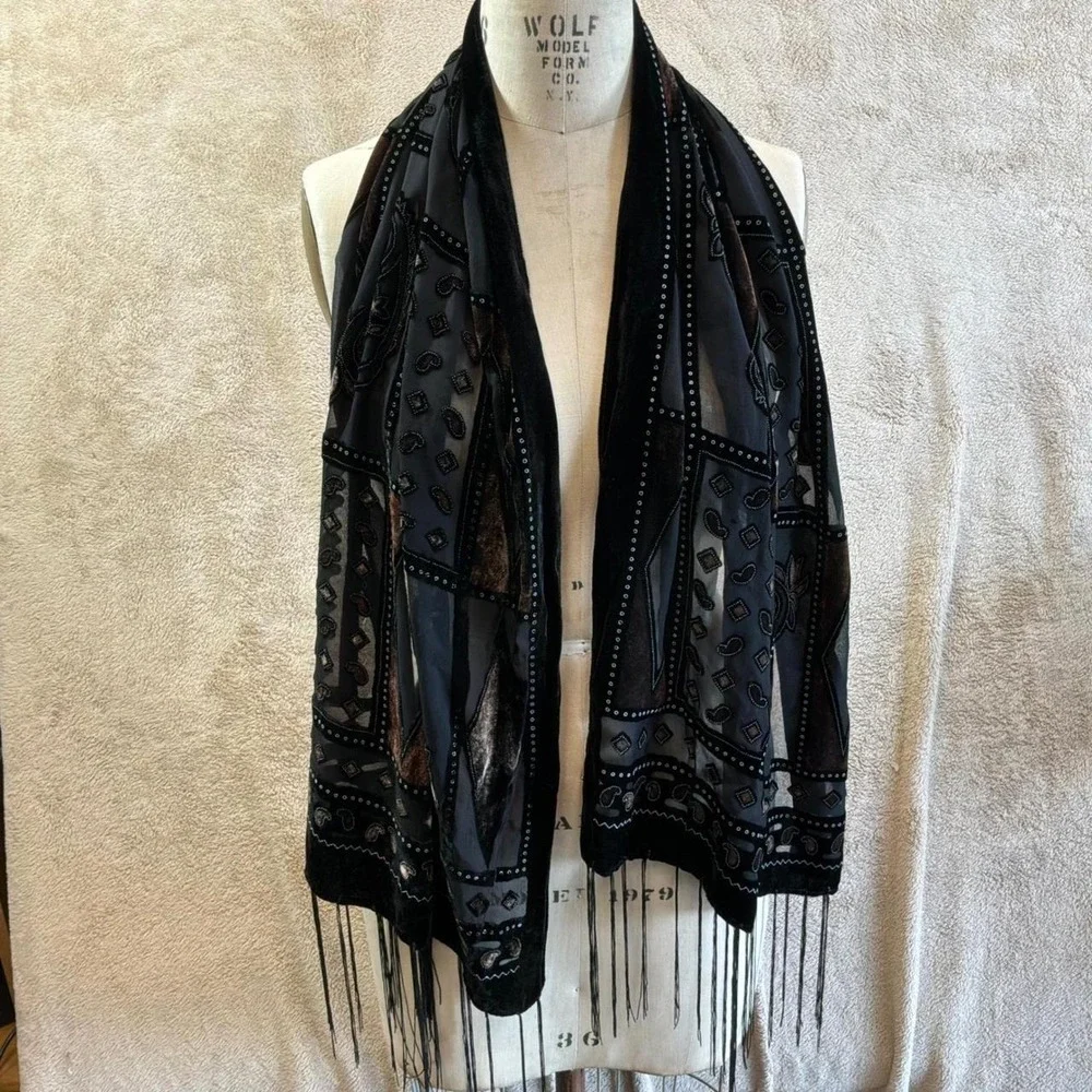 Velvet Burnout Beaded Paisley Fringe Shawl Wrap Black Bronze Boho Witchy
